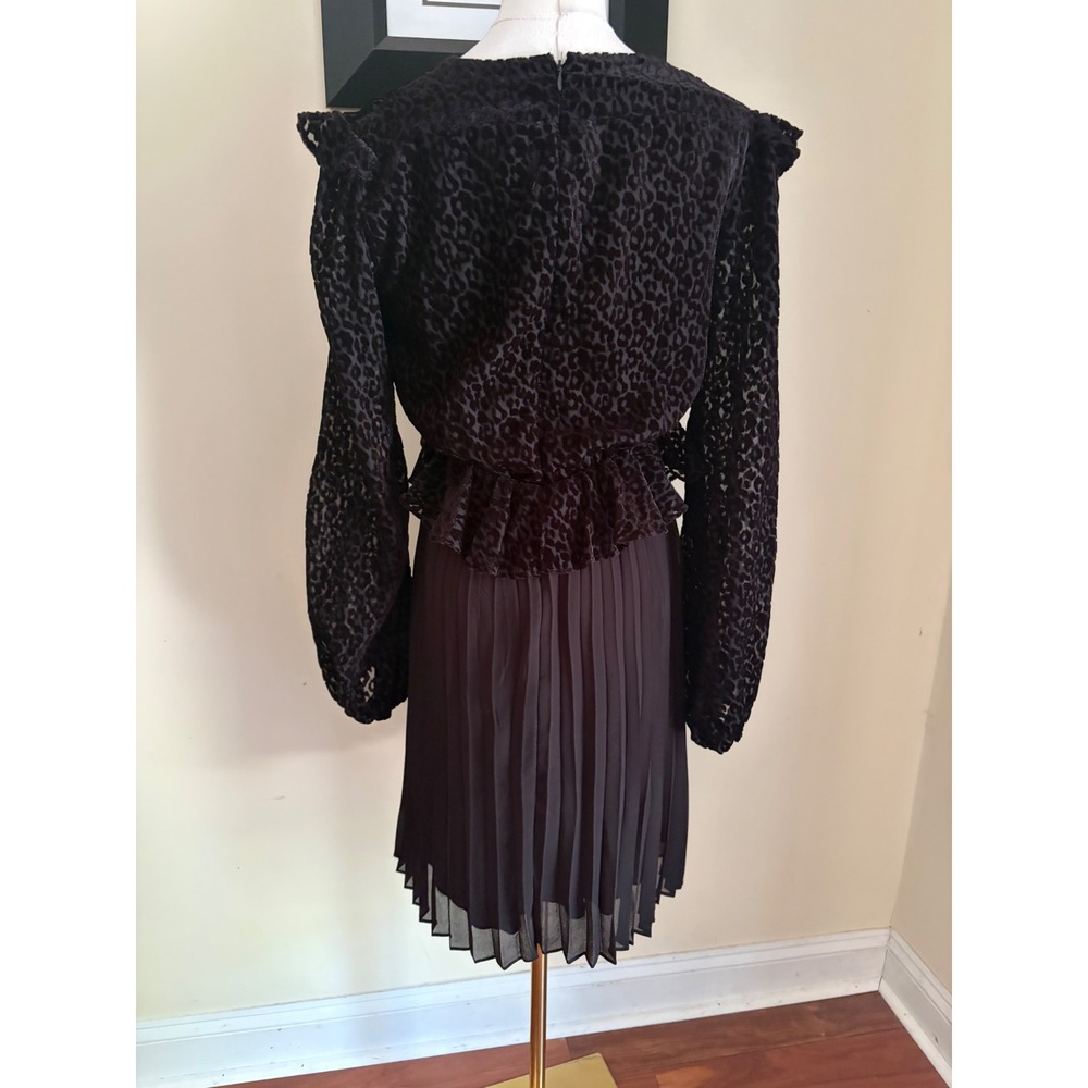 The Kooples Black Leopard Print Flocked Pleated Mini Dress Balloon Sleeve M - Picture 8 of 9